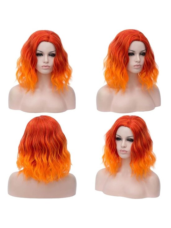Women Orange Fire Heat Resistant Wavy Curly Cosplay Halloween Bob Party Wig